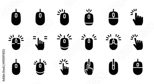 Collection of computer mouse icons illustrating various interactions and actions in a simple black and white graphic representation