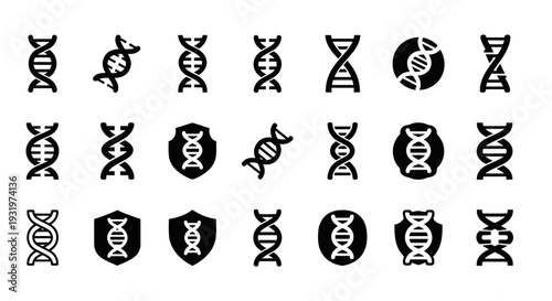 Collection of DNA icons representing genetic information and biotechnology concepts in a grid layout