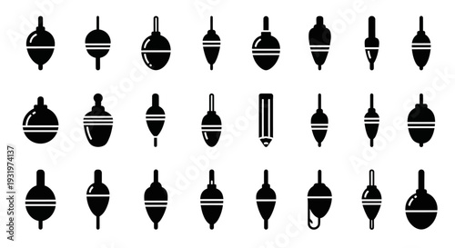 A collection of twenty-five black and white illustrated spinning tops in various designs and shapes, showcasing diverse patterns and styles