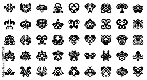 Collection of ornate black decorative elements and symbols arranged in a grid pattern for design inspiration