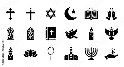 Collection of religious symbols including crosses, stars, and doves displayed on a plain background