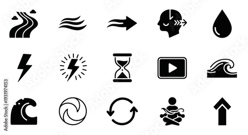 Collection of black icons representing various weather and media elements on a plain background from a straightforward viewpoint