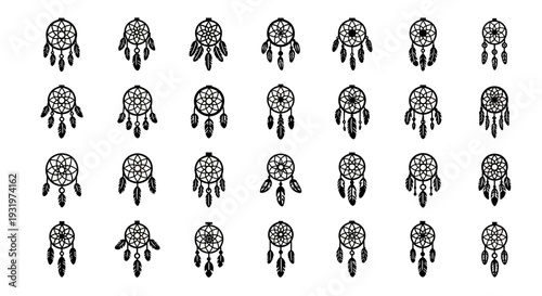 Collection of Dreamcatchers in Grid Formation on Plain Background
