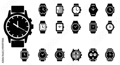 Various watch designs and styles displayed together in a collection of icons and illustrations on a clean background from a straightforward viewpoint