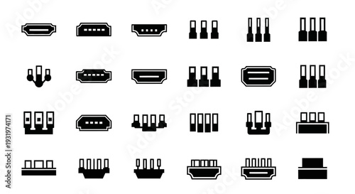 Collection of various computer ports and connectors displayed in a grid layout on a white background