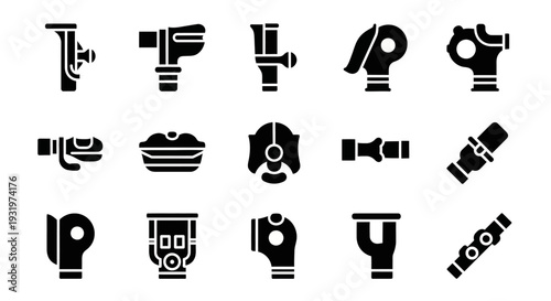 A set of various mechanical parts and tools displayed in a grid, showcasing industrial components from a straightforward perspective