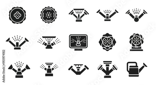 Collection of black icons representing various industrial and technological elements displayed on a clean white background