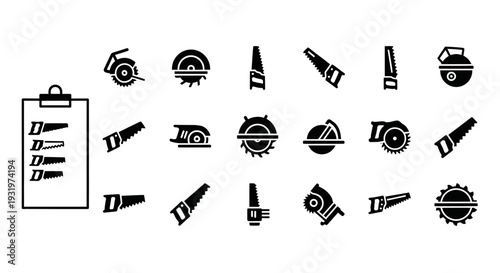 Collection of industrial icons including tools and machinery parts displayed on a clipboard