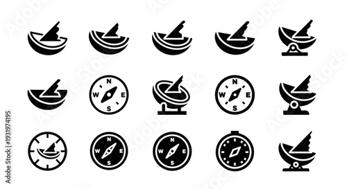 A collection of mortar icon illustrations with pestles, showcasing various designs and styles in a grid layout.