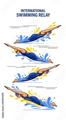 Depiction Of Dynamic Swimmers Racing In An International Swimming Relay Competition