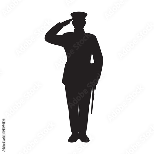Full length soldier silhouette saluting in parade uniform foreground
