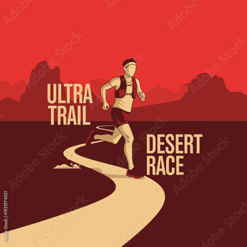 Desert Ultra Trail Running Competition Depicted In Bold Illustration Style With Dynamic Composition