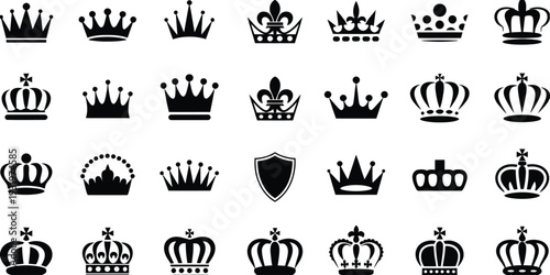 Large Collection of Black Royal Crown Silhouettes and Heraldic Tiara Icons Isolated on White Background for King Queen Prince Branding and Luxury Graphic Design