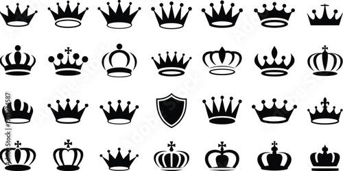 Large Collection of Black Royal Crown Silhouettes and Heraldic Tiara Icons Isolated on White Background for King Queen Prince Branding and Luxury Graphic Design