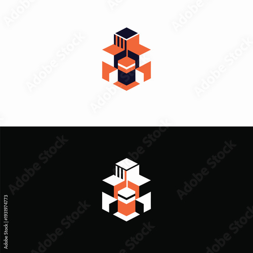 A vibrant abstract logo composed of interlocking orange, blue, and white geometric shapes, creating a modern three-dimensional design.
