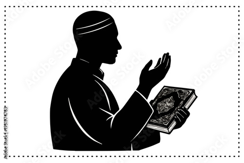 Muslim Man Holding Quran in Dua Silhouette – Minimalist Islamic Prayer Vector, silent prayer and Holy Quran in Hand