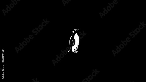 A stylized illustration of a penguin in white against a stark black background