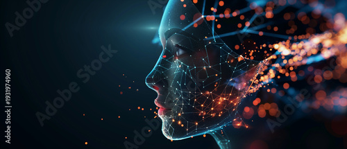 Futuristic Female Face with Red Data Particles – AI Digital Transformation Concept