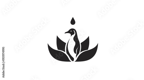 A stylized penguin logo, centered and silhouetted in black, with a water droplet above a flower-like design