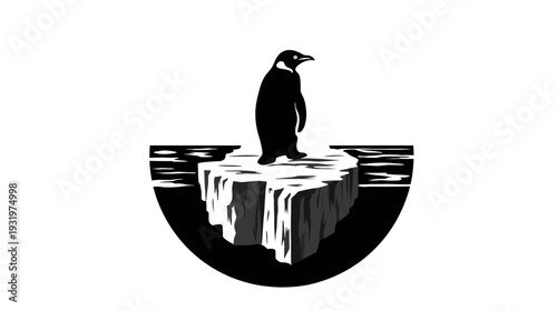 A monochrome illustration of a penguin standing on an iceberg, with stylized water around it