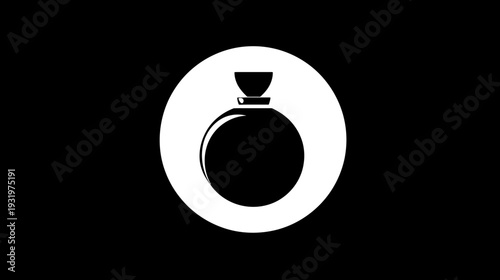 A stark, minimalist illustration of a perfume bottle, black on a white circle against a black background
