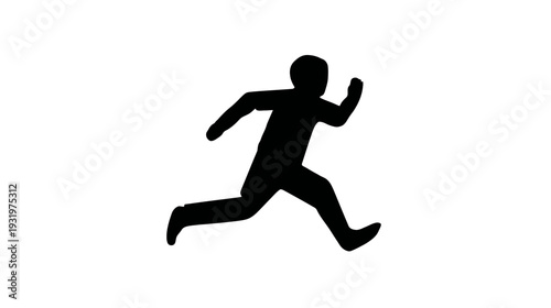 A black silhouette depicting a human figure in the midst of running against a white background