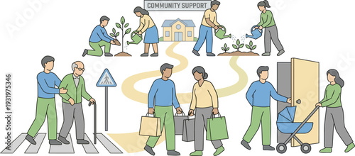 A vibrant illustration of community support with people helping each other in various activities