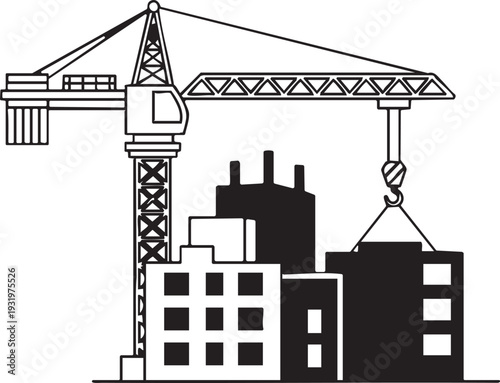 Urban Construction Site with Tower Crane and City Buildings - Industrial Development and Real Estate Growth Vector Illustration