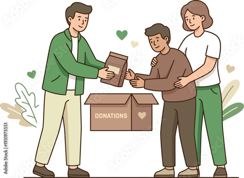 A group of people exchanging donations in a heartwarming moment of charity and kindness