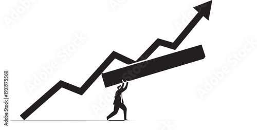 Businessman Pushing Up Growth Arrow Silhouette - Concept of Hard Work, Economic Recovery, and Success