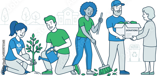 A group of diverse people volunteering and working together for a community clean-up and gardening project