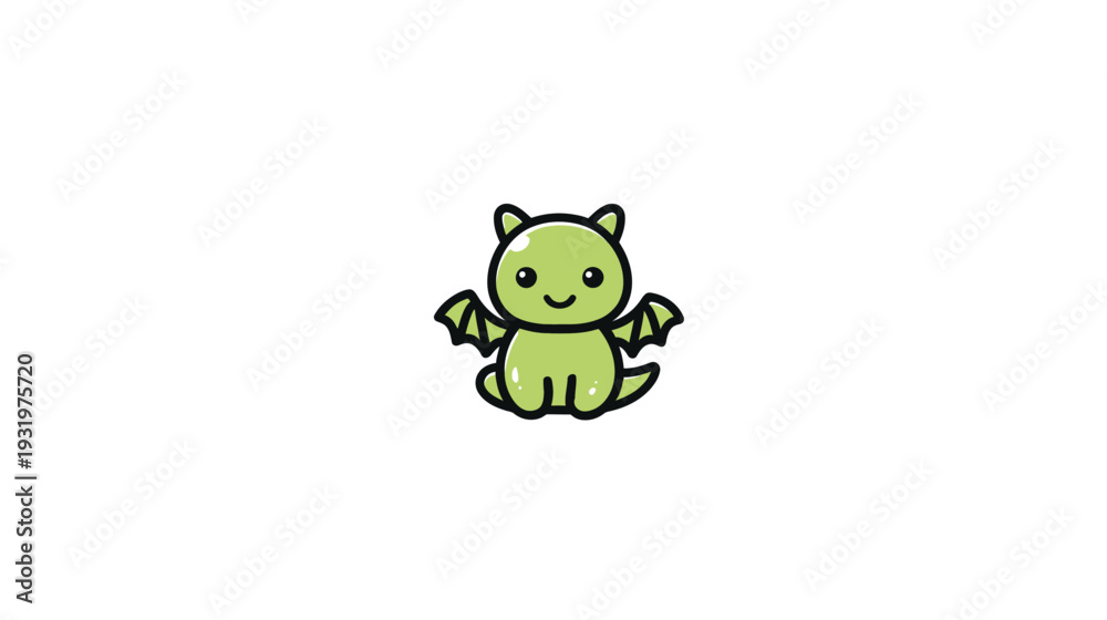 Obraz premium A cartoon-style illustration of a cute green dragon with small wings and a friendly smile