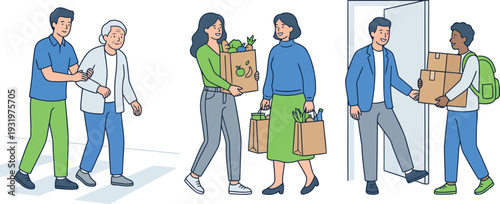 A diverse group of people helping each other move into a new home with boxes and furniture