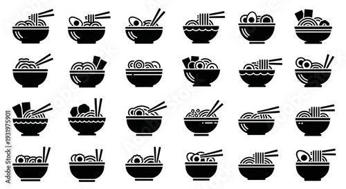 Assorted bowls of noodles and ingredients arranged in a grid layout showcasing various dishes and culinary elements