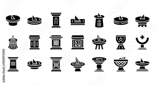 Collection of various black and white illustrations of cultural and religious artifacts displayed on a clean white background