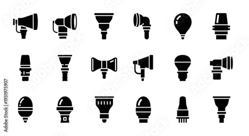 Collection of various black and white lighting and sound equipment icons on a white background, depicted in a grid layout