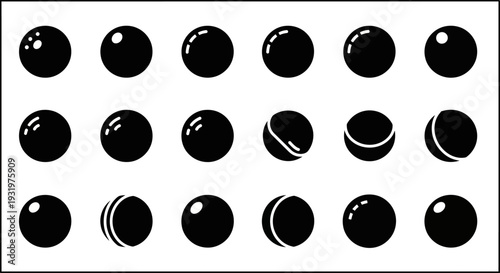 Collection of black spheres with varying reflective highlights displayed in a grid pattern on a clean background