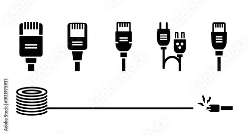 Various electronic device connectors and a coiled cable with a plug on a white background