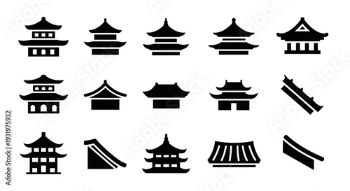 Collection of Traditional Asian Roof Designs Illustrated in Black Silhouettes Against a Simple Background from a Straight-On View