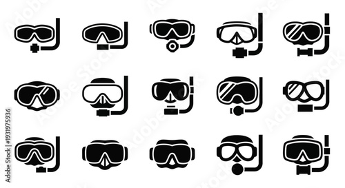 Collection of diverse diving mask icons, varying designs and styles, for underwater exploration and adventure, depicted in a grid layout, showcasing different visual representations.
