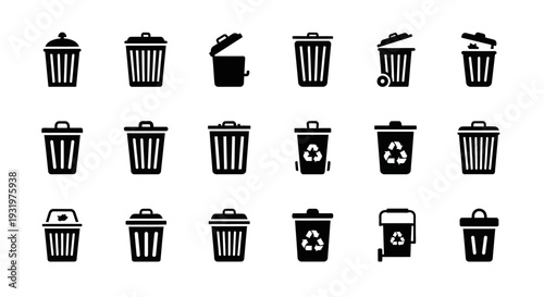 Collection of black trash can icons with various lids and recycling symbols on a white background, viewed from a straightforward perspective