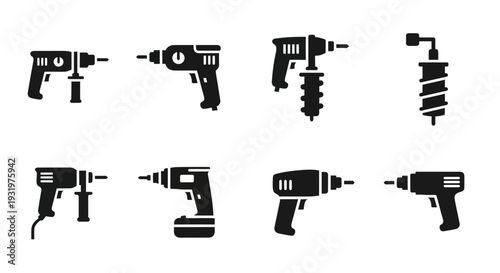 Collection of various power drill silhouettes displayed against a clean background from a straightforward viewpoint