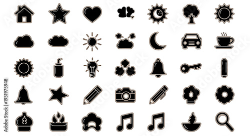 Collection of various monochrome icons representing different concepts and objects