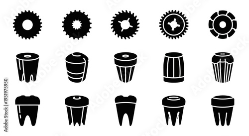 Various Mechanical Gears and Toothed Wheels with Teeth and Barrels in a Grid Layout