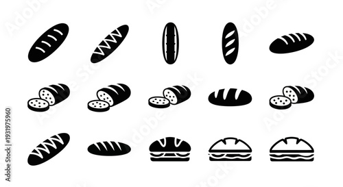 Assortment of various bread types and sandwiches displayed in a grid pattern, ideal for culinary and bakery concepts