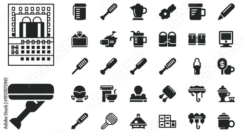 Collection of black icons representing various office and workspace tools on a clean white background viewed from directly above