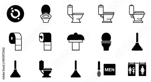 Bathroom icons collection featuring toilets, sinks, and cleaning tools