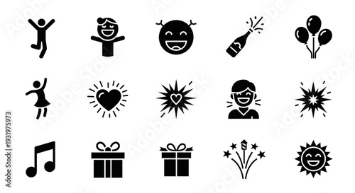 Collection of various celebration icons including characters, objects, and symbols representing joy and festivity