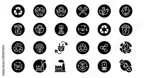 Collection of icons representing environmental sustainability and eco-friendly practices displayed on a set of circular badges