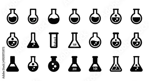 Collection of Laboratory Equipment Icons Featuring Flasks and Beakers in Various Styles